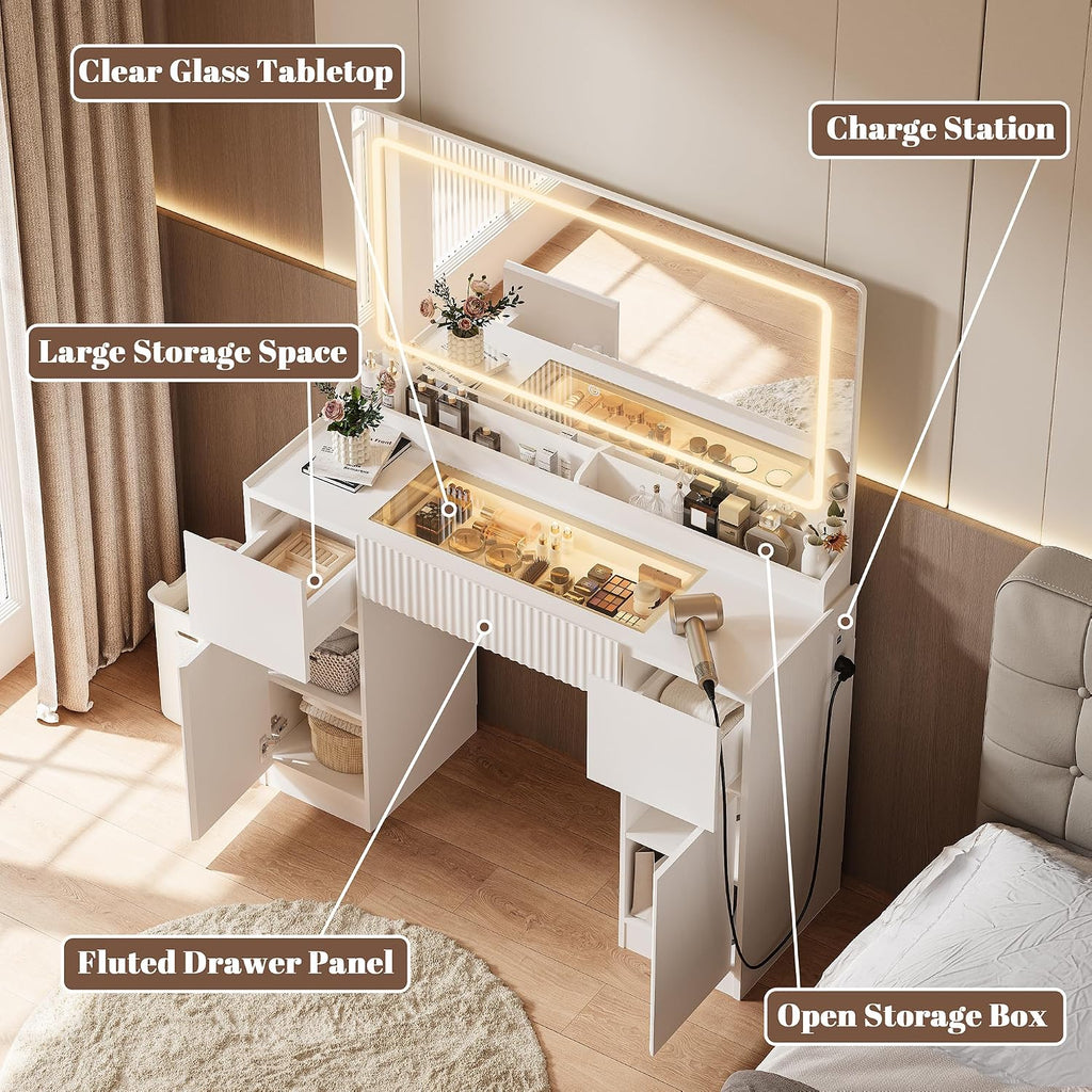 INNOD Vanity Desk with Large Mirror and Lights, Modern Glass Top Makeup Vanity Set with Power Outlet, 3 Drawers and 2 Cabinet, 3 Lighting Color Adjustable Dressing Table for Bedroom,Pure White