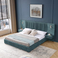 King Size Upholstered Platform Bed Frame with Headboard & Built-in Nightstand, Luxury Bed Frame for Modern Bedroom Sets, No Box Spring Needed, Stable & Adjustable Lighting(Blue-Green)