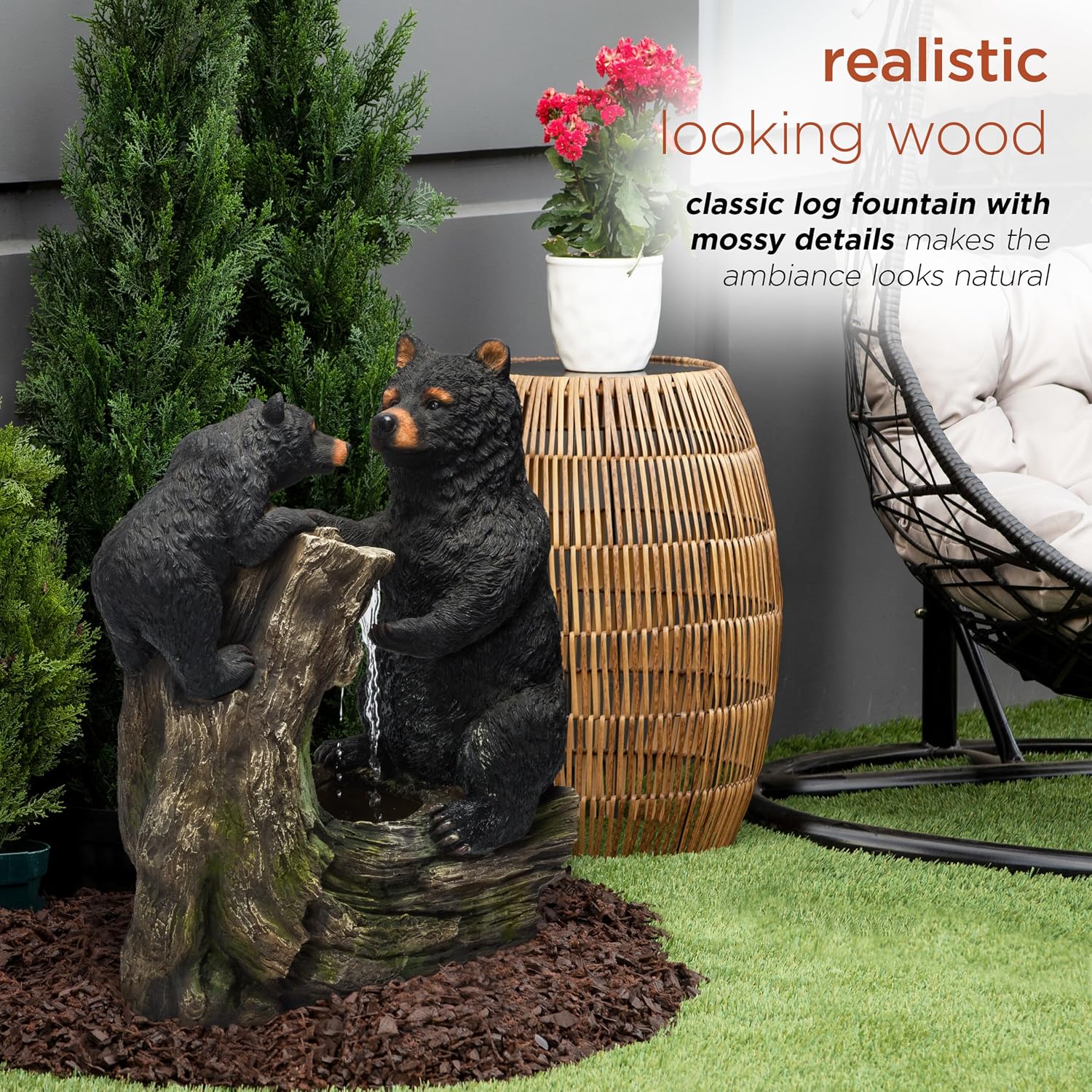 Alpine Corporation USA1132 Indoor/Outdoor Floor Bear and Cub on Log Fountain, Playful Bear and Cub Garden Fountain 26', Black