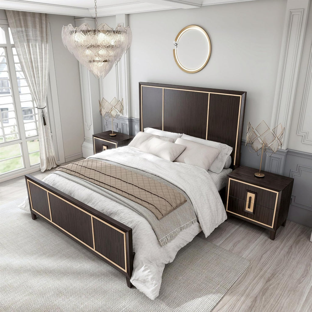 Furniture of America Samuel Modern Solid Wood 3-Piece Bedroom Collection Bed Frame and 2-Drawer Nightstands Set of 2, Box Spring Required, Espresso, King