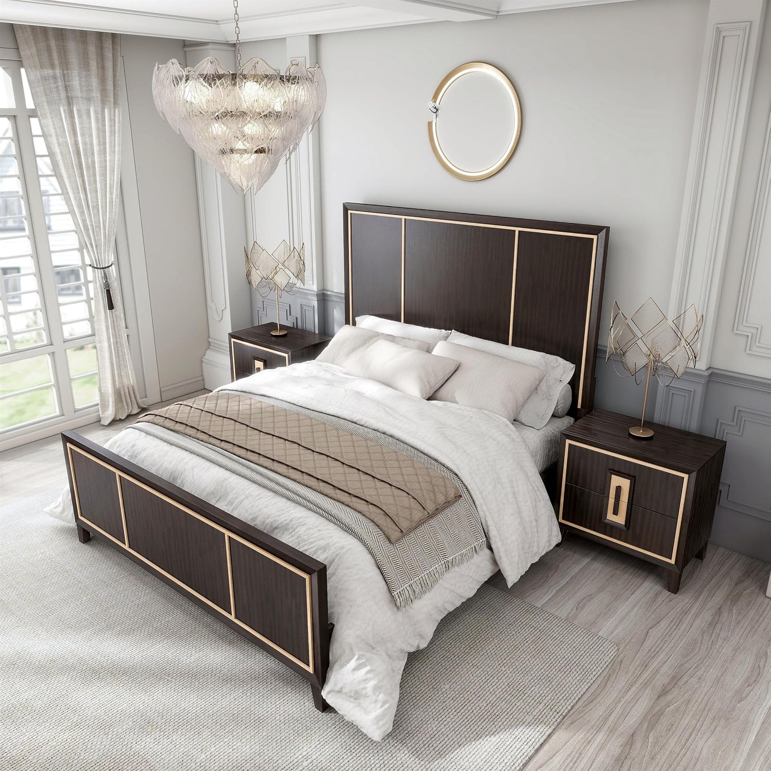 Furniture of America Samuel Modern Solid Wood 3-Piece Bedroom Collection Bed Frame and 2-Drawer Nightstands Set of 2, Box Spring Required, Espresso, King