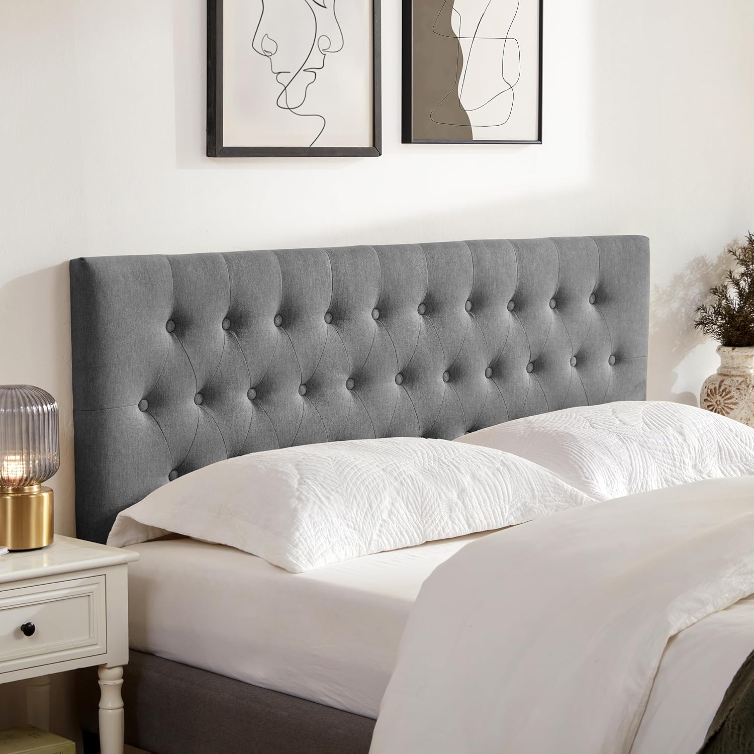 Huatean Home Tufted Upholstered Headboard King Size, Solid Wood Head Board with Durable Metal Legs, Adjustable Height Bed headboard from 37' to 51' Fabric Headboard in Modern Button Design, Grey