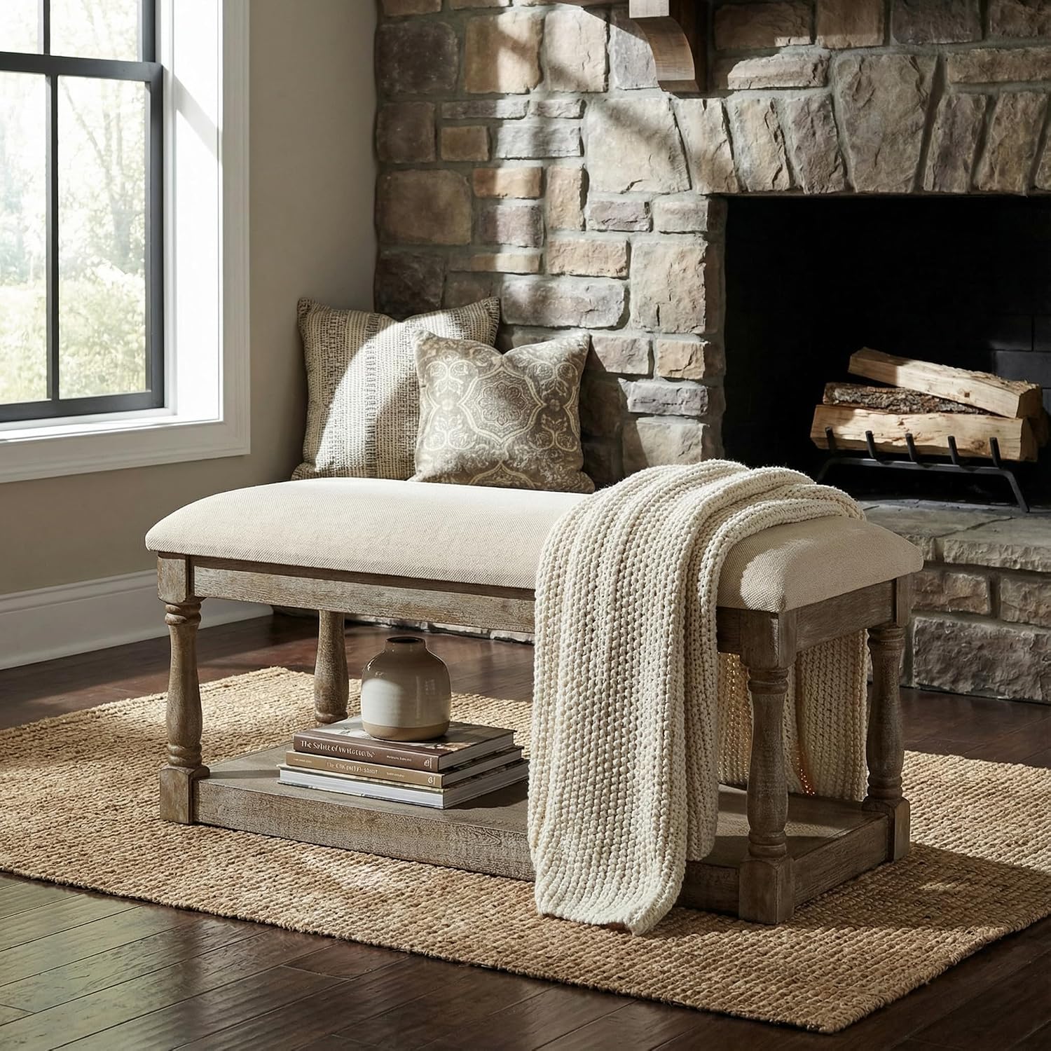 Cortesi Home Dahlia Wooden Bench Ottoman, Distressed Wood and Beige Fabric
