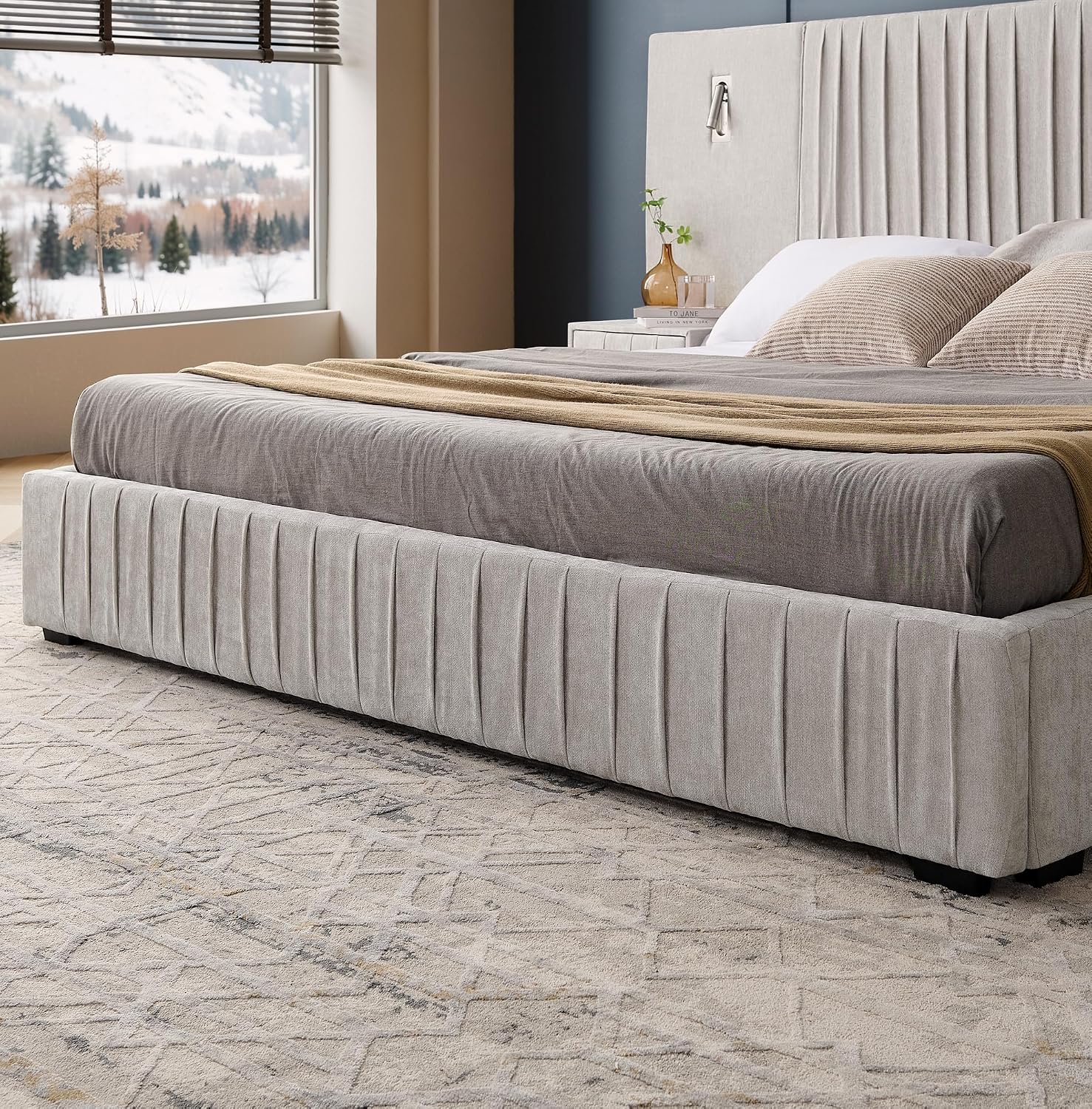 King Size Upholstered Platform Bed Frame with Headboard & Built-in Nightstand, Luxury Bed Frame for Modern Bedroom Sets, No Box Spring Needed, Stable & Adjustable Lighting(Beige)