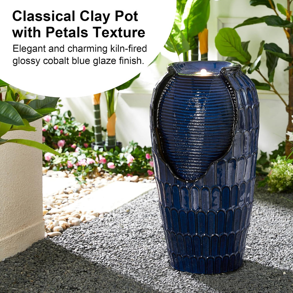 Glitzhome 28.25' H Oversized Ceramic Petals Textured Jar Outdoor Water Fountain, Vintage Cobalt Blue Glaze Vase Patio Garden Waterfall Fountain with LED Light and Submersible Pump