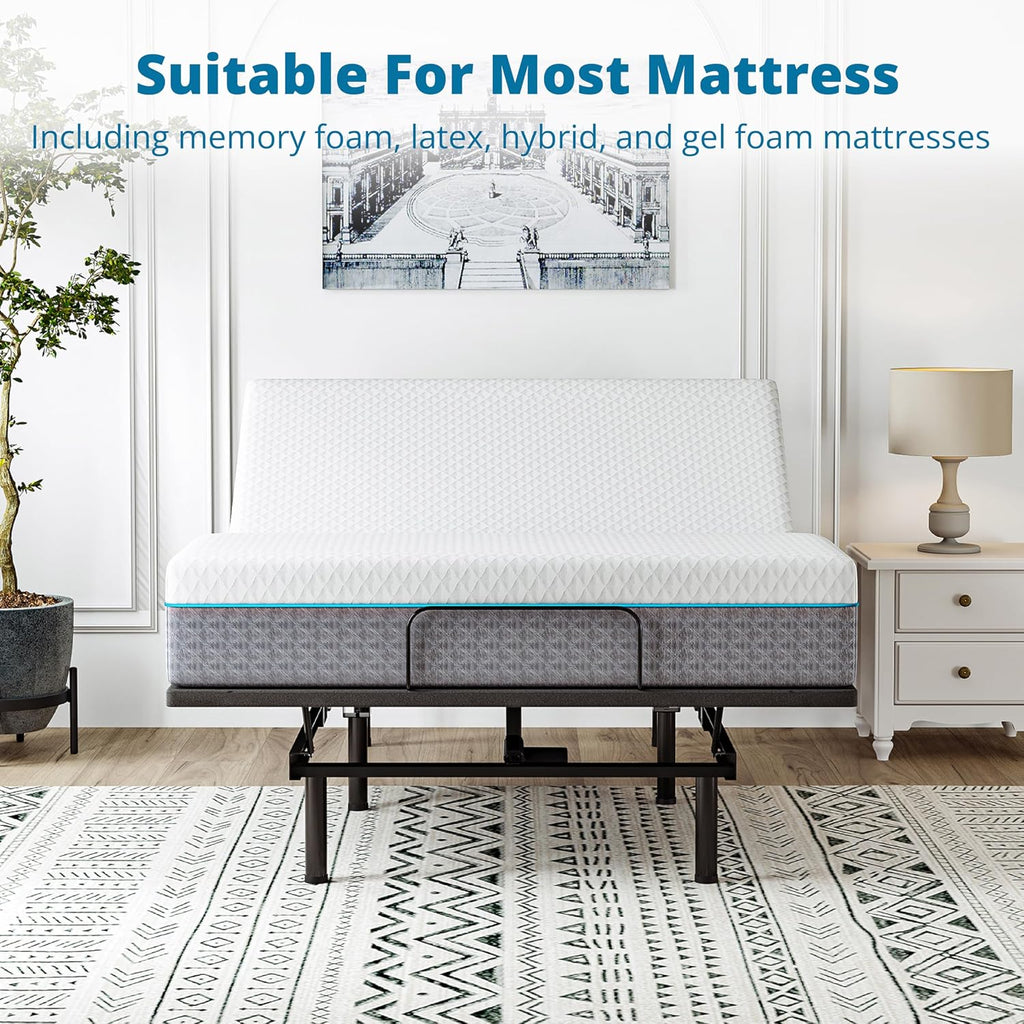 EGOHOME Adjustable Bed Frame Queen and 14 inch Charcoal Gel Memory Foam Mattress Set for Pain Relief, Metal Foldable Bed Base with Remote for Independent Head and Foot Incline, Zero Gravity Mode