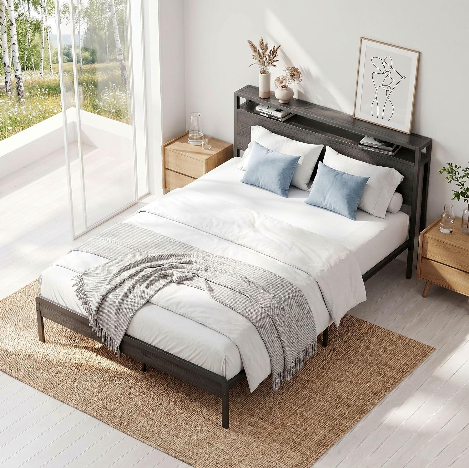 LIKIMIO Full Bed Frame with Headboard, Dark Wood Camas Full with Strong Supports, Sturdy, Noise-Free, No Box Spring Needed, Grey