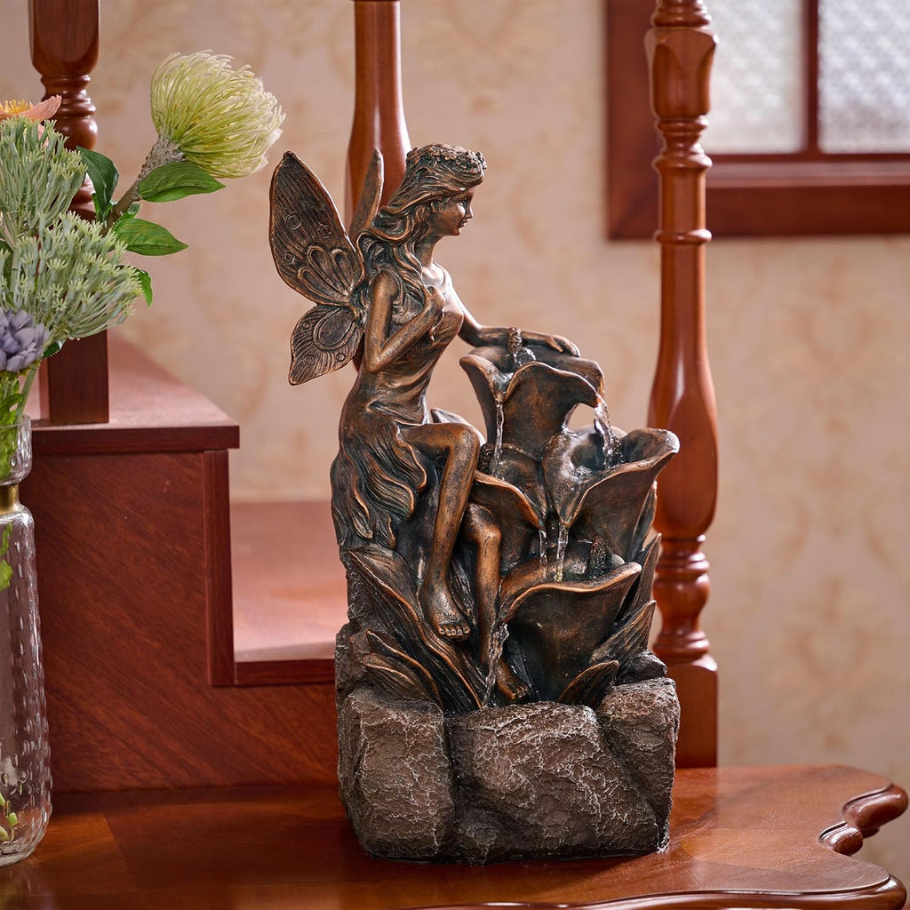 TERESA'S COLLECTIONS Water Fountain Outdoor Fairy Garden Statues with LED Lights and Pump, Large Floor Waterfall Backyard Water Fountains Porch Living Room Home Decor, Housewarming Gifts for Mom 19.3'