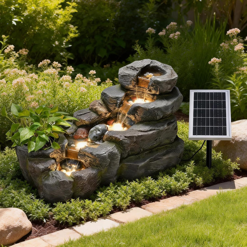 38.2' L Solar Water Fountain Outdoor Garden 5 Tiers Floor Standing Rock Natural Waterfall Outdoor Fountains with LED Lights and Planting Pot for Patio, Porch,Backyard,Home Art Decor