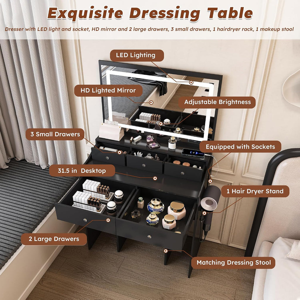 Vanity Desk with Large Mirror and Stool, Makeup Table with LED Lighted - 3 Color Models, Makeup Desk with 5 Drawers & Power Outlet, Dressing Makeup Table for Women Girls Bedroom, Black