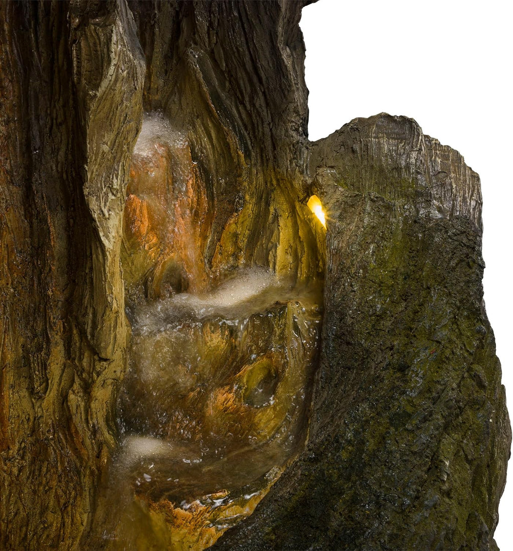 Alpine Corporation 62' Rustic Outdoor Tree Trunk Waterfall Fountain with LED Lights – Natural Wood-Look Water Feature for Gardens, Patios, Yards, and Landscaping Decor, Resin