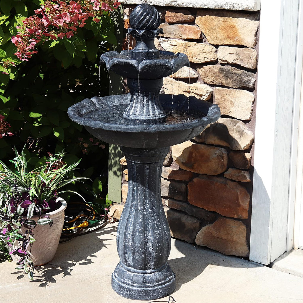Sunnydaze 45-Inch 2-Tier Arcade Outdoor Solar Water Fountain - Outdoor Water Feature with LED Light for Garden, Patio, Yard or Balcony - Black