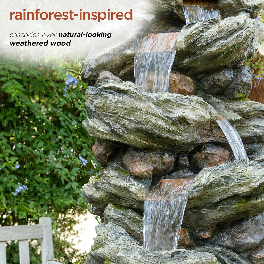 Alpine Corporation WIN1424 81' 5 Tier Rock Water Fountain with LED Lights – Natural Stone Look for Indoor/Outdoor Use, Elegant Cascading Water Feature for Gardens, Patios, or Living Room, Brown