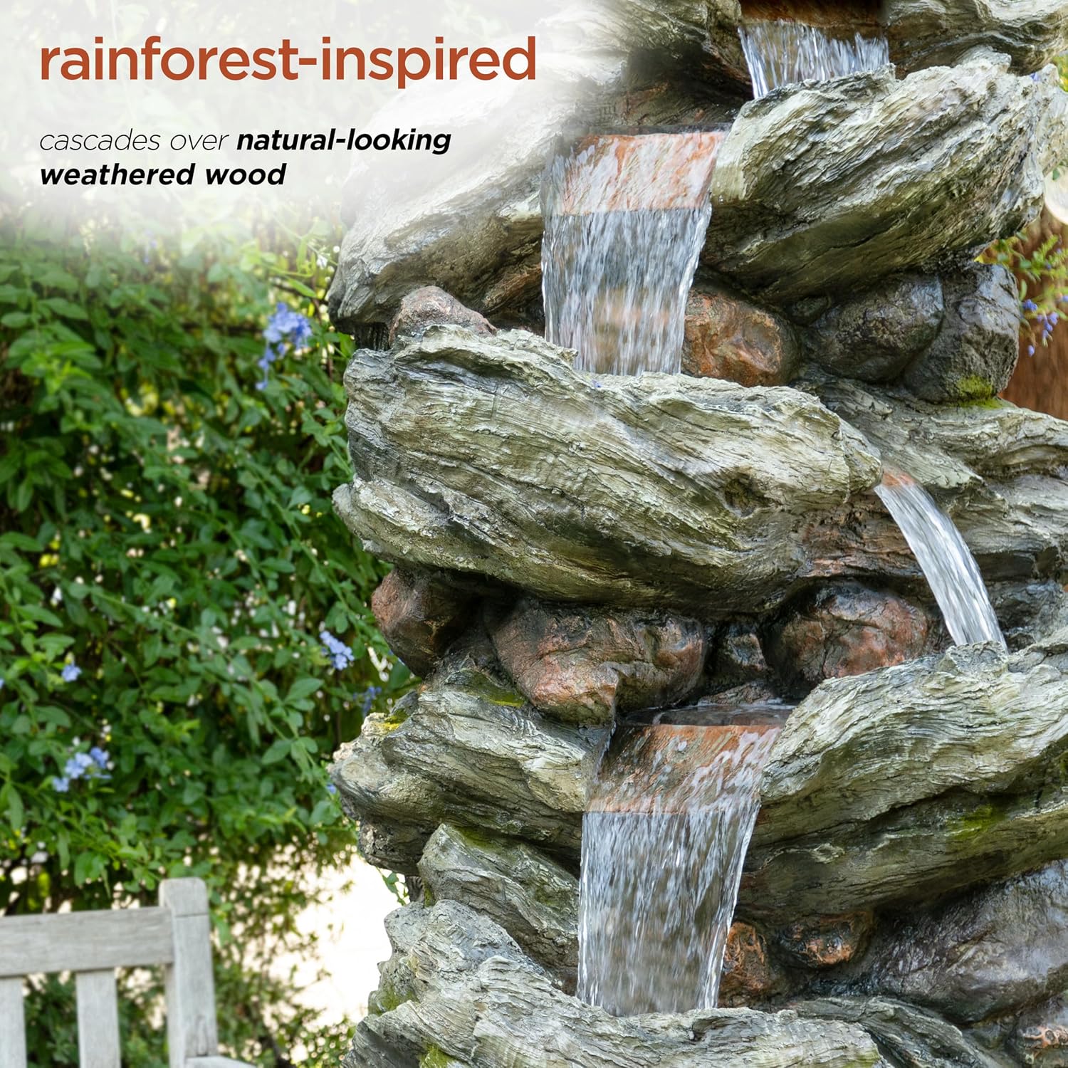 Alpine Corporation WIN1424 81' 5 Tier Rock Water Fountain with LED Lights – Natural Stone Look for Indoor/Outdoor Use, Elegant Cascading Water Feature for Gardens, Patios, or Living Room, Brown