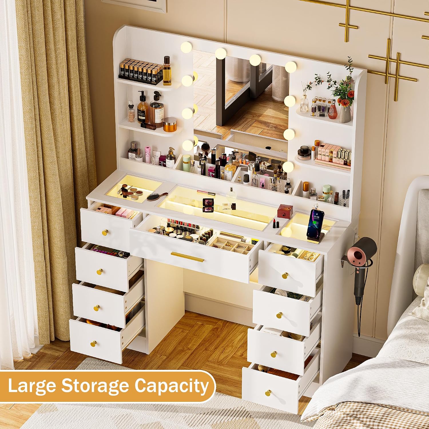 LAKEMID Vanity Desk with Mirror and Lights,Large Makeup Vanity Table Transparent Glass Top with 9 Drawers & Power Outlet,3 Lighting Modes,White Vanity Desk Dressing Table for Women Bedroom