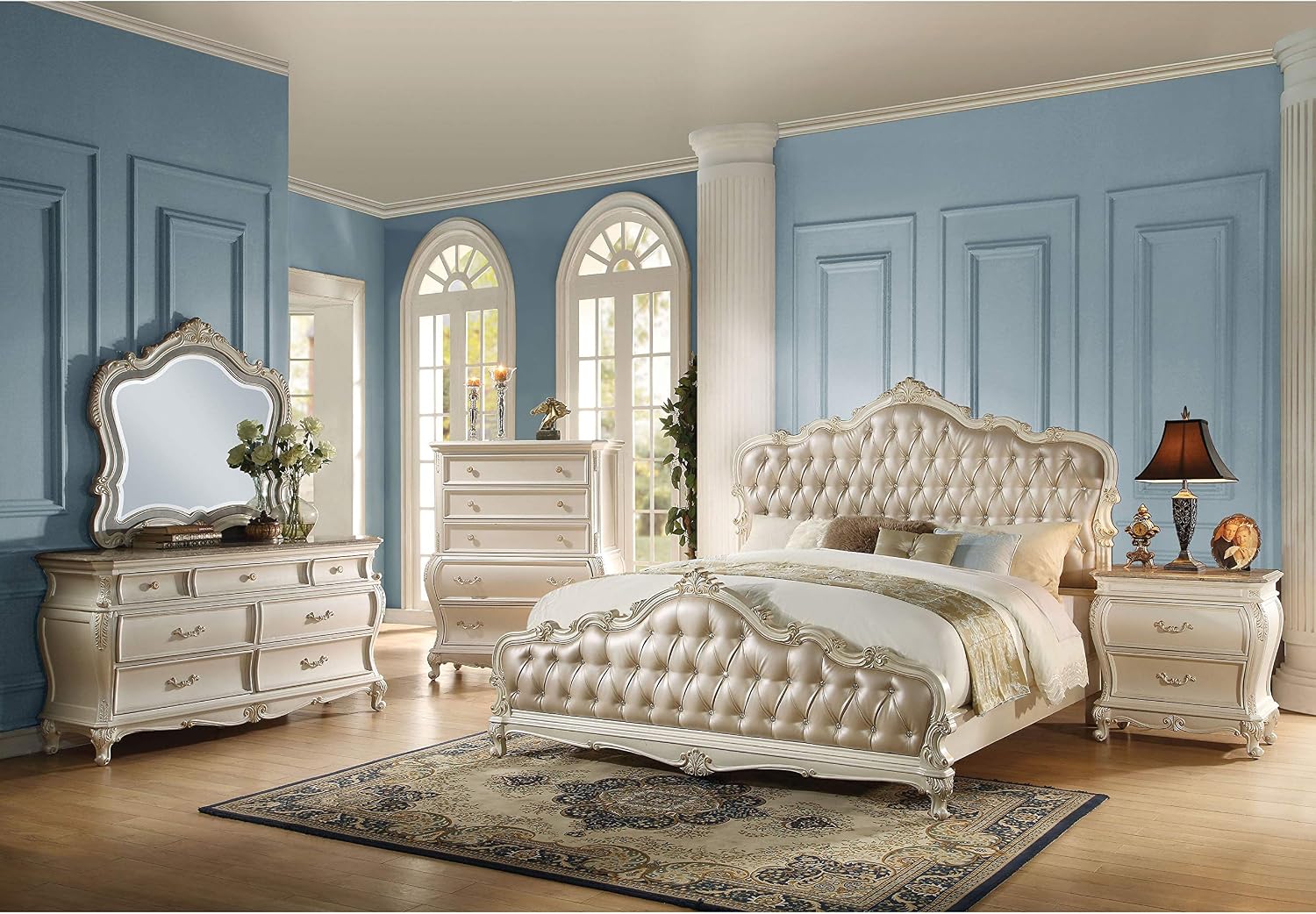 Acme Furniture Chantelle 4-Piece Bedroom Set, Rose Gold PU Leather with Pearl White Finish Eastern King