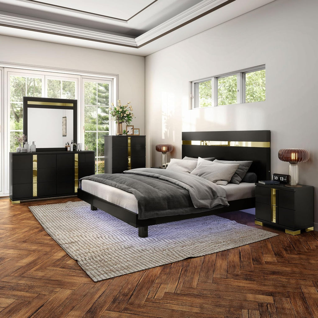Furniture of America Ansten Modern Wood 6-Piece Platform Bedroom Set with Gold Trim, Underbed LED, Dust Proof Cases, Bracketed Metal Legs, No Box Spring Needed, Full, Black