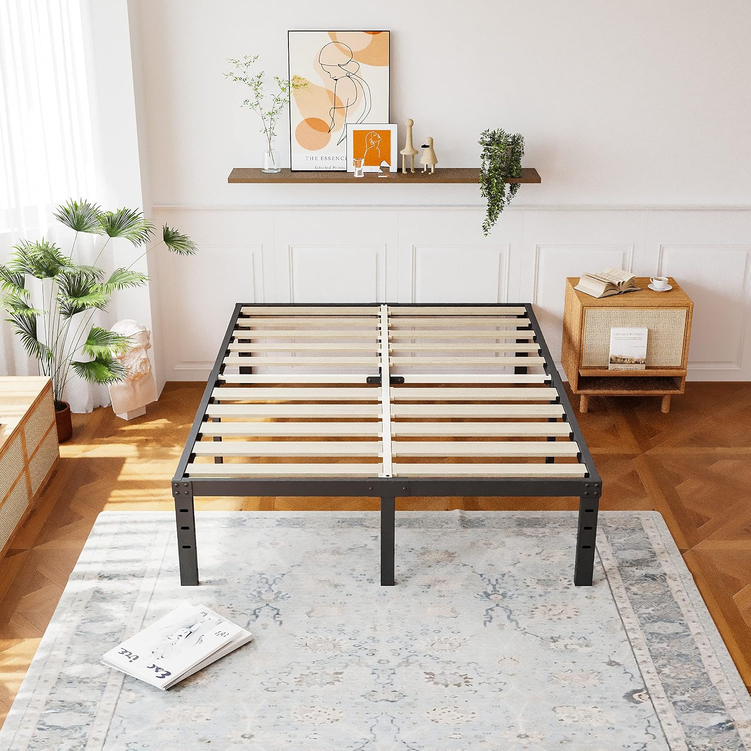 ZIYOO Queen Size Bed Frame 16 Inches High, 3 Inches Wide Wood Slats with 3500 Pounds Support for Foam Mattress, No Box Spring Needed, Heavy Duty Metal Platform Bed Frame, Easy Assembly, Noise Free