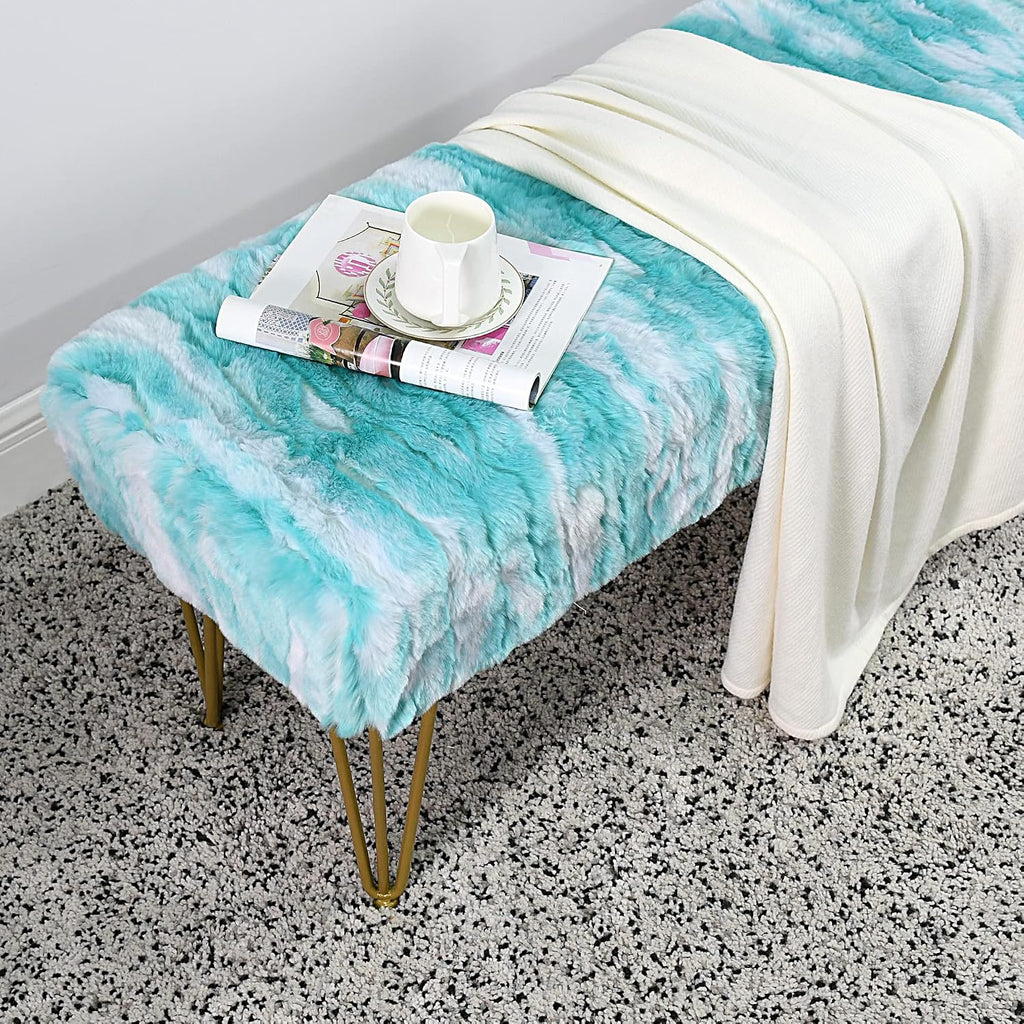 Blue Rectangle Long Bench Soft Faux Fur Ottoman 46'x16'x22' Sturdy Accent Furry Footrest Stool for Bedroom at The End of Bed Fuzzy Coffee Table for Living Room Closet Entryway Golden Legs