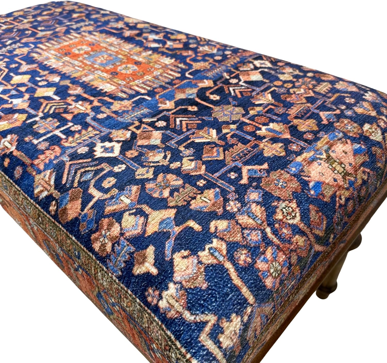 Boho Turkish Rug Upholstered Wood Ottoman Bench, Piano Bench, Blue Decorative Entryway Bench, Bedroom Ottoman, Kitchen Dining Bench, Footstool Ottoman Handmade (18x18X36, Blue Floral)