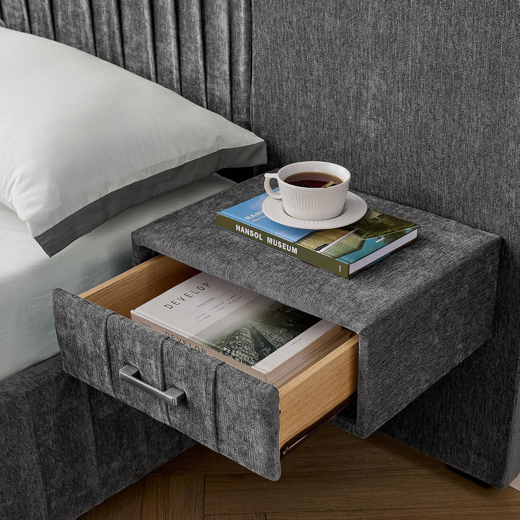 Queen Size Upholstered Platform Bed Frame with Headboard & Built-in Nightstand, Luxury Bed Frame for Modern Bedroom Sets, No Box Spring Needed, Stable & Adjustable Lighting(Dark Grey)