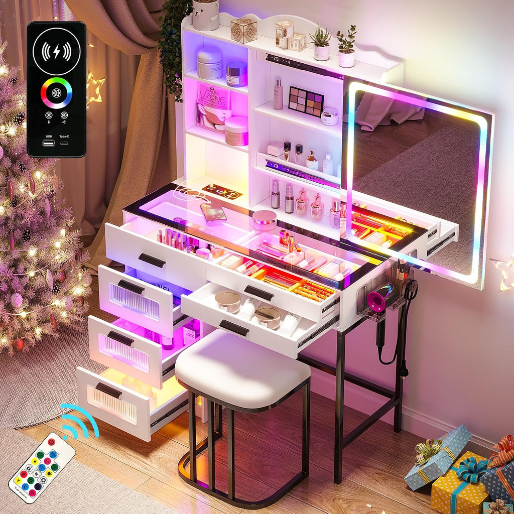 WOOVIVS Glass Top Vanity with LED Mirror, 6 Drawer Dresser with Charging Station for Bedroom, Small Makeup Vanitys Table with RGB Light, Vanity Set with Chair,Jewelry Organizer for Girls-White