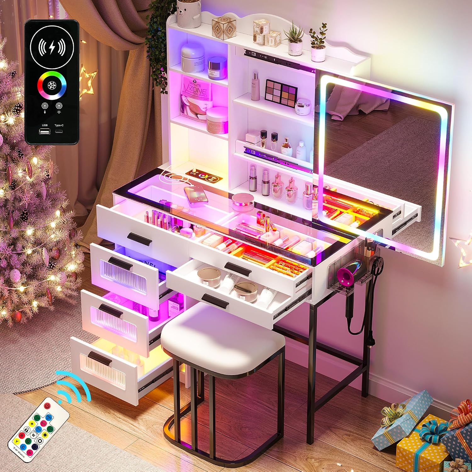 WOOVIVS Glass Top Vanity with LED Mirror, 6 Drawer Dresser with Charging Station for Bedroom, Small Makeup Vanitys Table with RGB Light, Vanity Set with Chair,Jewelry Organizer for Girls-White