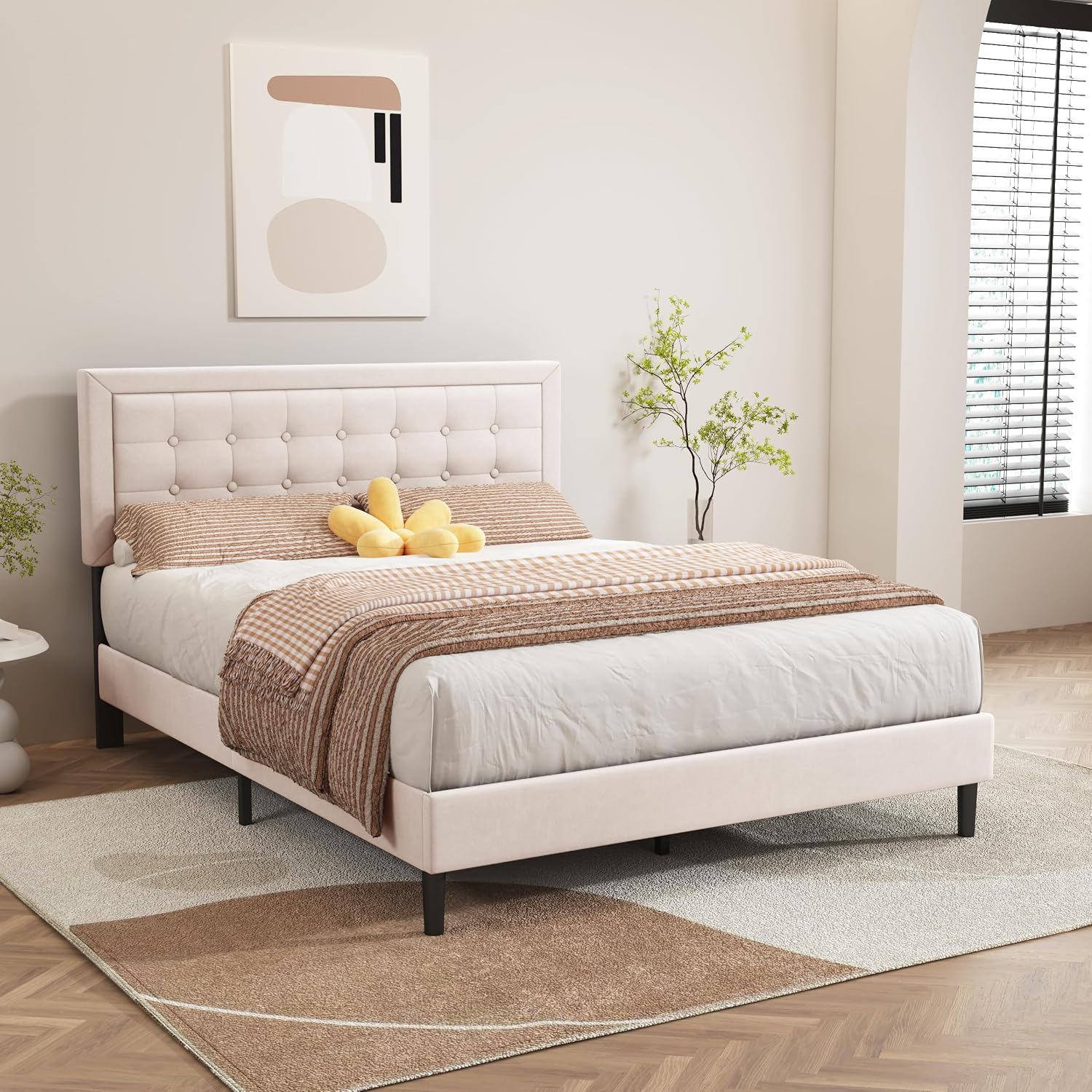 alazyhome Queen Size Beige Modern Upholstered Platform Bed Frame with Button Tufting Headboard Solid Wood Slats Support No Box Spring Needed Easy Assembly