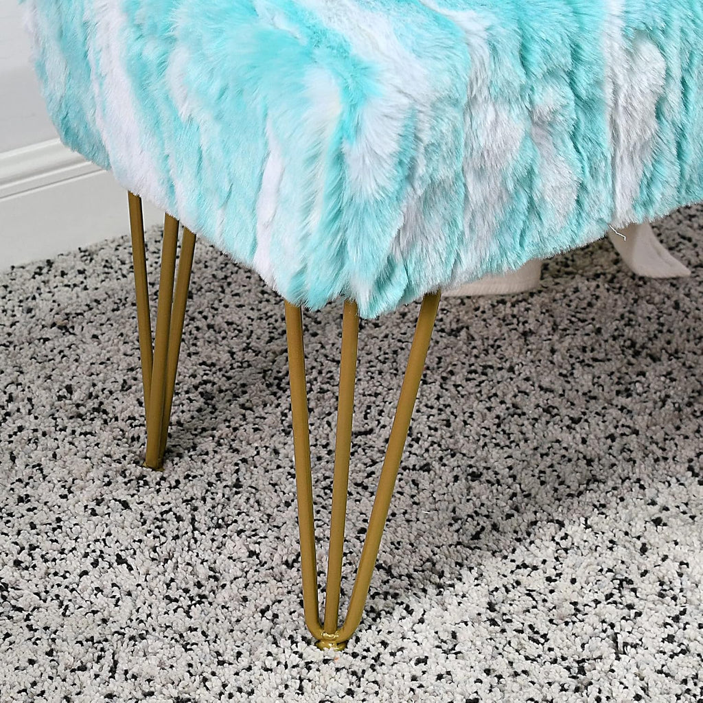 Blue Rectangle Long Bench Soft Faux Fur Ottoman 46'x16'x22' Sturdy Accent Furry Footrest Stool for Bedroom at The End of Bed Fuzzy Coffee Table for Living Room Closet Entryway Golden Legs