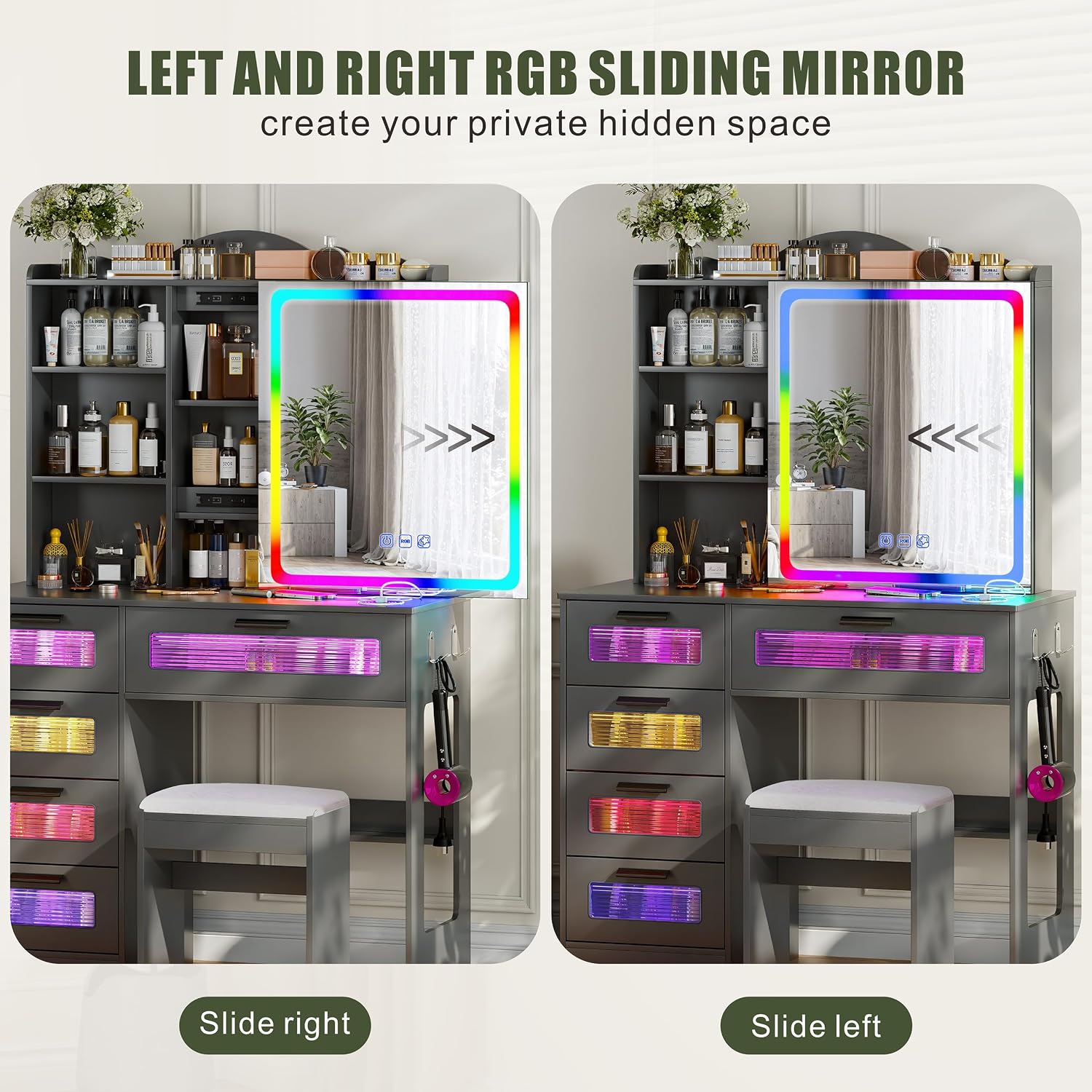 Vanity Desk with Mirror and Adjustable RGB Lights,Large 6 Drawers Makeup Table with Charging Station for Women and Girls, Bedroom or Dorm,Grey