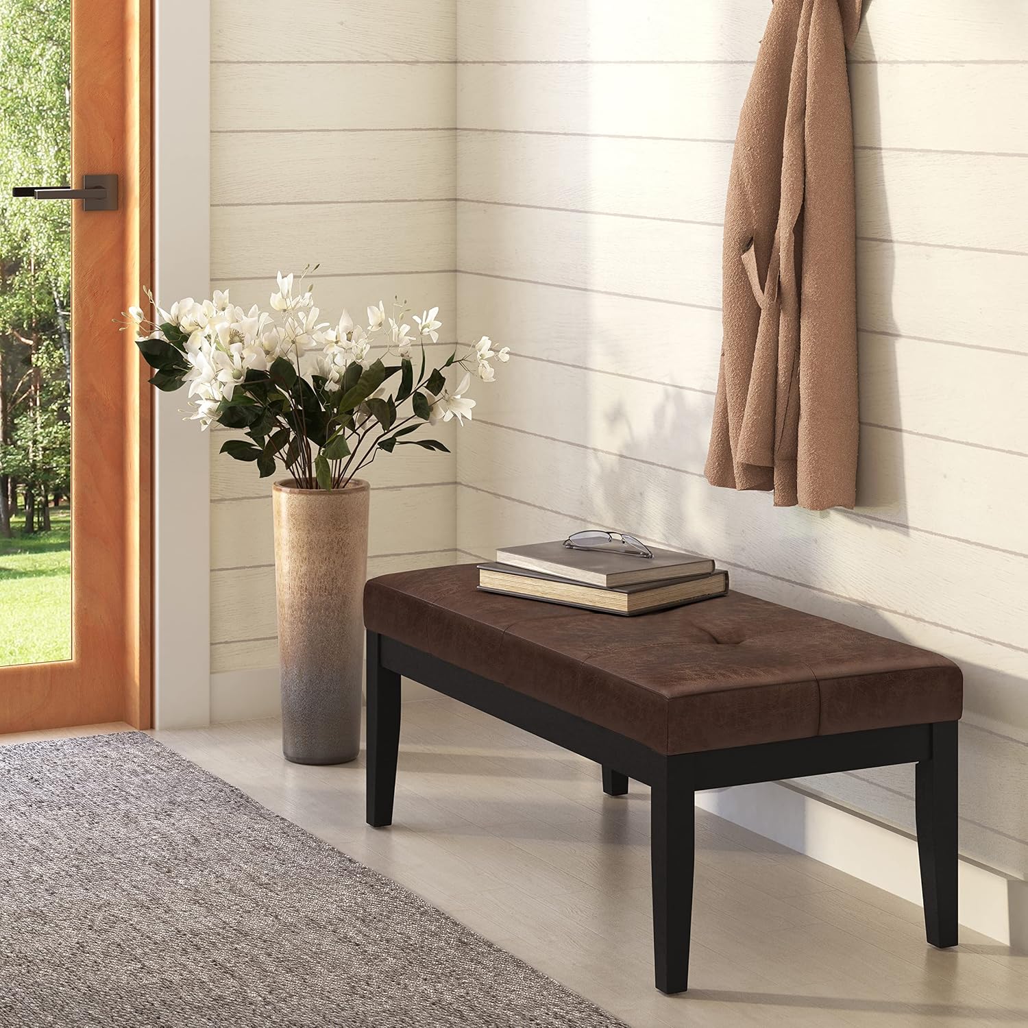 SIMPLIHOME Lacey Tufted Ottoman Bench - 41 inch Wide Upholstered Vegan Leather Rectangle Ottoman in Distressed Chestnut Brown, Contemporary Bench for Bedroom with Stitching Detail, Assembled