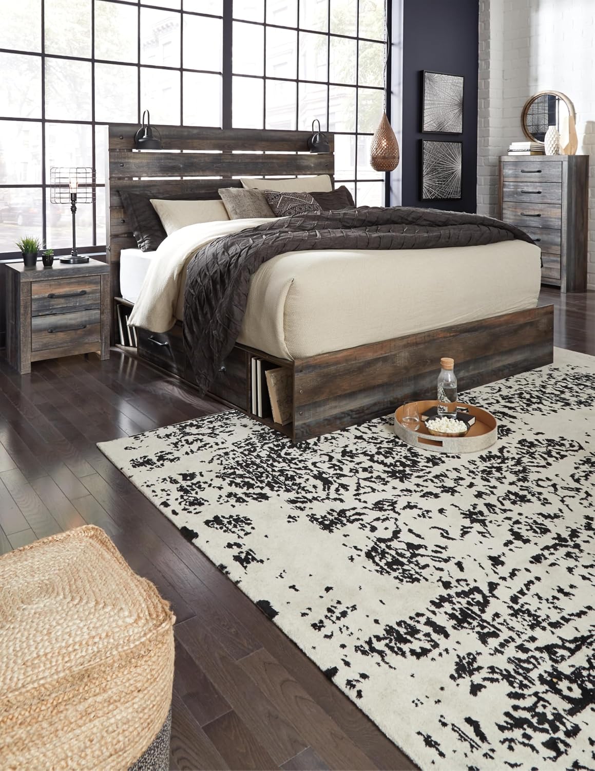 Signature Design by Ashley Drystan Rustic King Panel Platform Bed with 4 Storage Drawers, Open Cubbies, Sconce LED Lights and USB Ports, Foundation or Box Spring Not Needed, Dark Brown & Gray