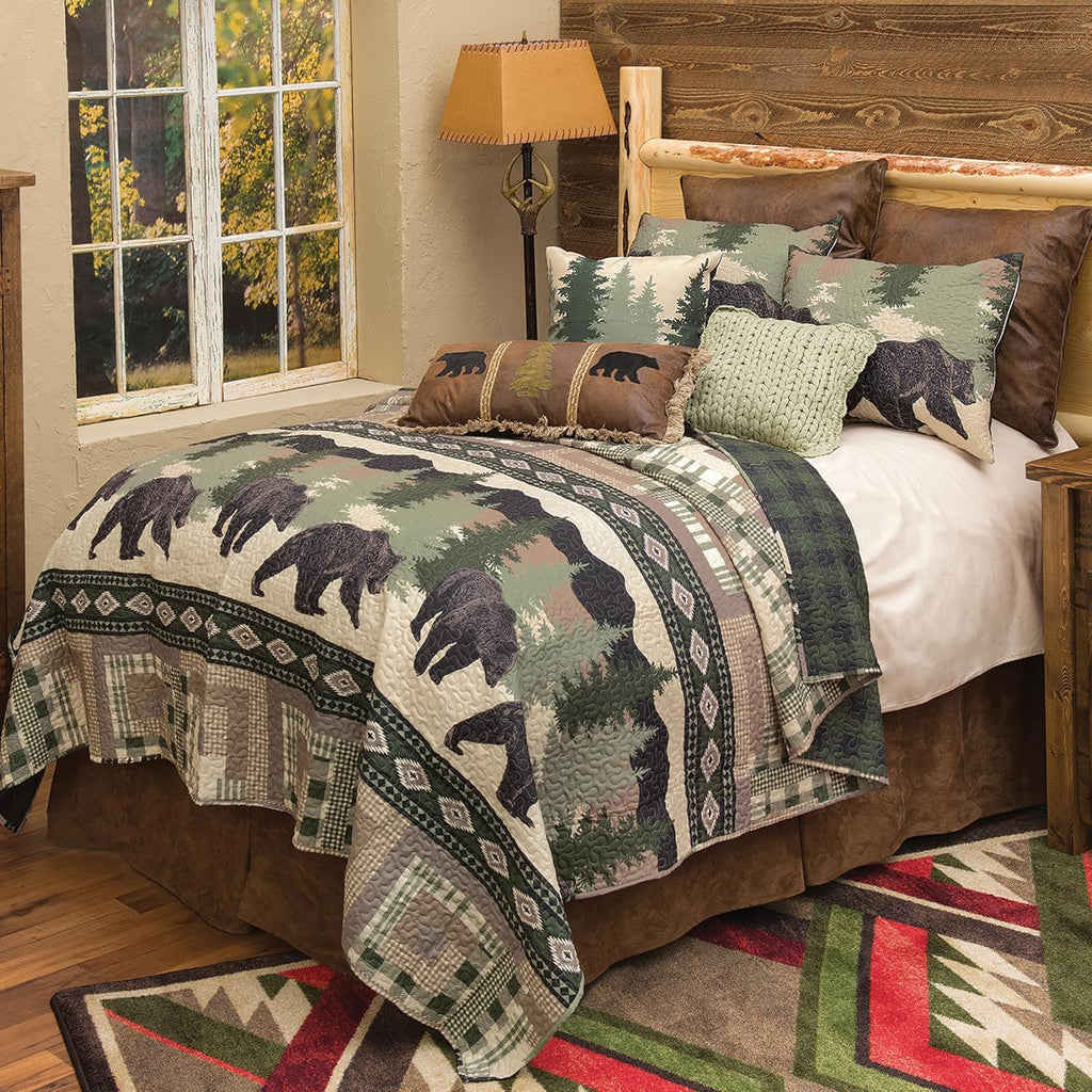 BLACK FOREST DECOR Black Bear Log Cabin Quilt Bed Set - King – Rustic Bedding, 105' x 95' Quilt with Shams