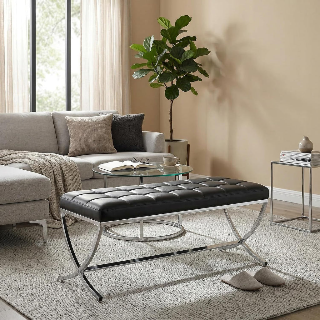 LukeAlon Modern PU Leather Dining Bench, Button Tufted Ottoman Bench with X-Shape Chrome Finish Upholstered End of Bed Bench Comfy Entryway Bench for Bedroom Kitchen, Black