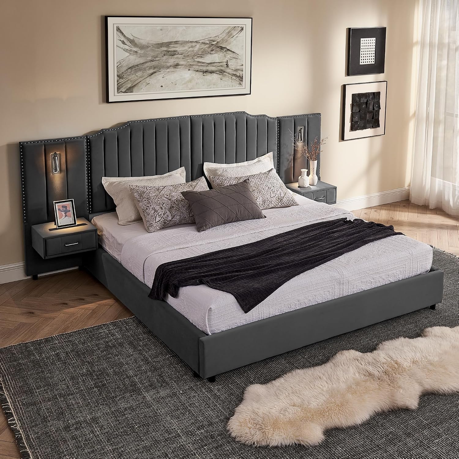 Velvet Upholstered King Size Platform Bed Frame with 48' Tall Headboard, Built-in Nightstands & Storage Drawers, No Box Spring Needed, Modern Gray Bedroom Furniture Set (Gray, King)