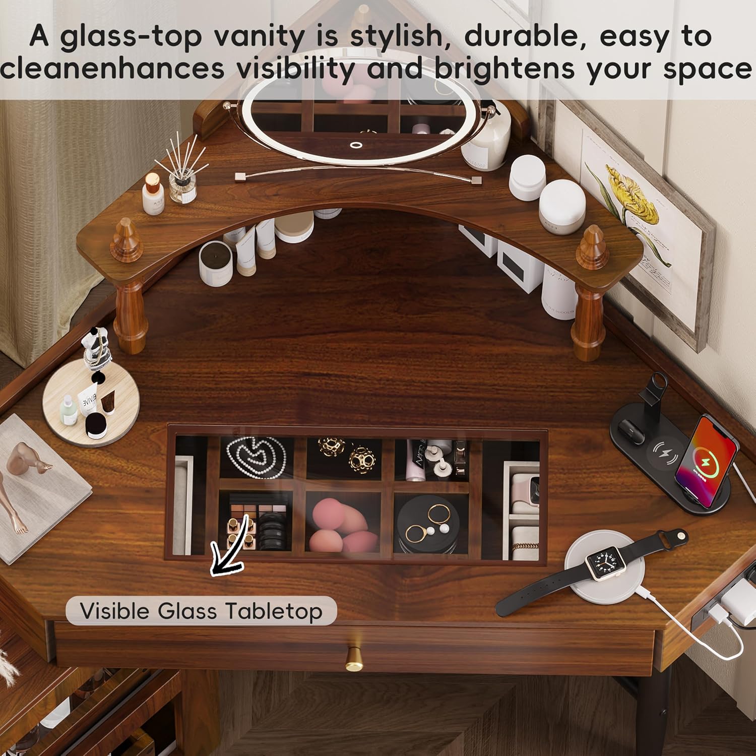 Corner Vanity Desk Set with Storage Cushioned Stool and Charging Station, Triangle Makeup Desk with Removable Pull Out Side Cabinet, Glass Tabletop Makeup Vanity Desk with Drawer and Shelf, Walnut