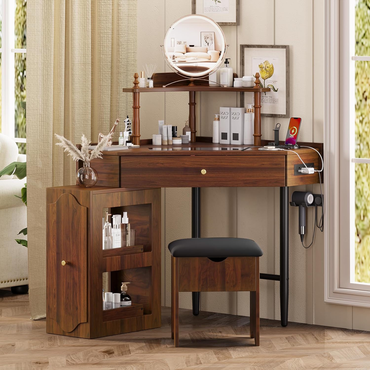 Corner Vanity Desk Set with Storage Cushioned Stool and Charging Station, Triangle Makeup Desk with Removable Pull Out Side Cabinet, Glass Tabletop Makeup Vanity Desk with Drawer and Shelf, Walnut