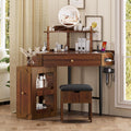 Corner Vanity Desk Set with Storage Cushioned Stool and Charging Station, Triangle Makeup Desk with Removable Pull Out Side Cabinet, Glass Tabletop Makeup Vanity Desk with Drawer and Shelf, Walnut