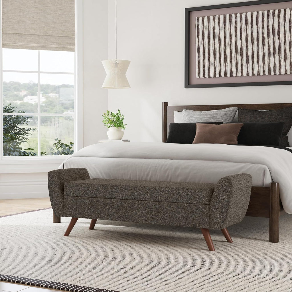 HomePop Modern Storage Bench with Wood Legs |Homepop Home Décor|Bench with Storage for Living Room & Bedroom - Dark Brown Boucle