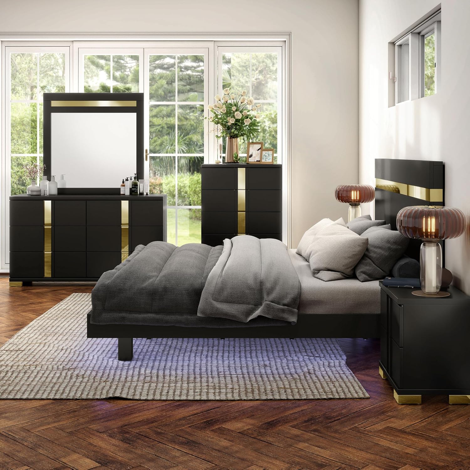 Furniture of America Ansten Modern Wood 6-Piece Platform Bedroom Set with Gold Trim, Underbed LED, Dust Proof Cases, Bracketed Metal Legs, No Box Spring Needed, Full, Black