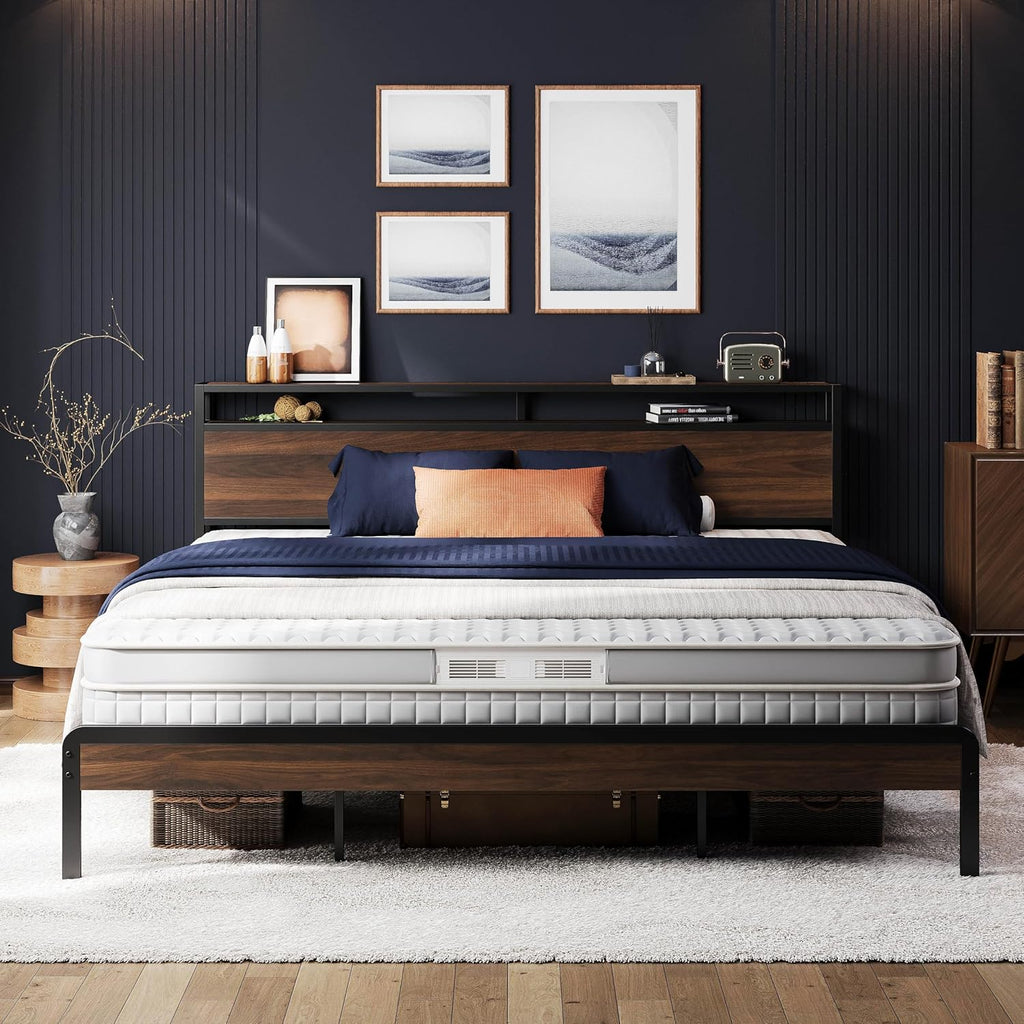 LIKIMIO King Bed Frame with Headboard, Dark Wood Camas King with Strong Supports, Sturdy, Noise-Free, No Box Spring Needed, Dark Walnut
