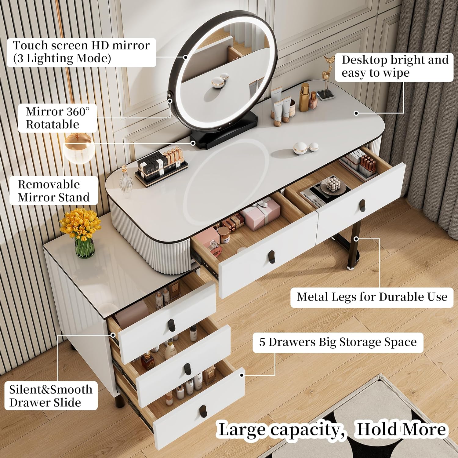 KDCAS Small Makeup Vanity Desk with Mirror and LED Lights | Modern Fluted Vanity Table with Drawers and Reversible Adjustable Side Cabinet (39.37'–51.2') | Space-Saving White Vanity Desk for Bedroom