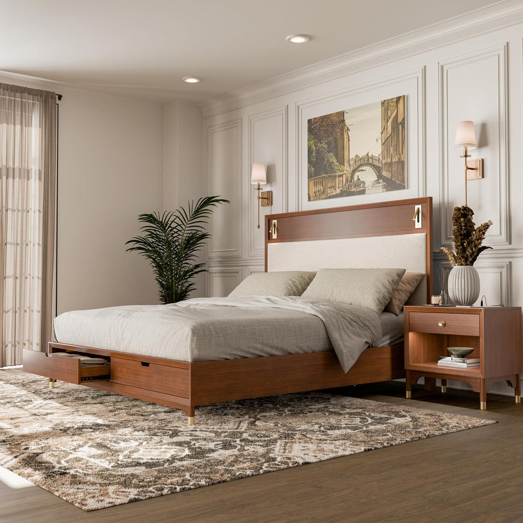 Furniture of America Forma Mid-Century Modern Solid Wood 2-Piece Bedroom Collection, Storage Bed Frame with LED Reading Light and Nightstand with Power Ports, No Box Spring Needed, Walnut, King