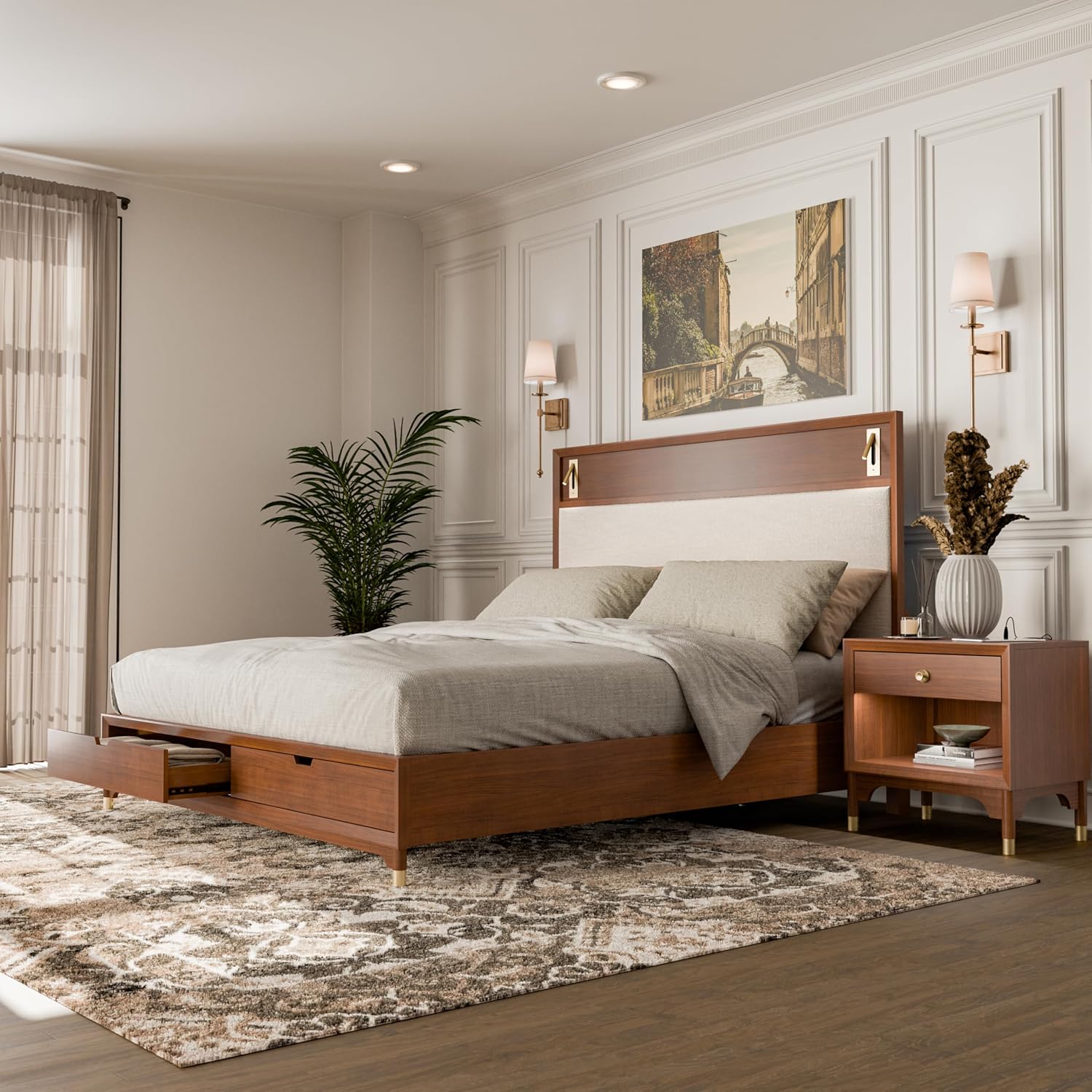 Furniture of America Forma Mid-Century Modern Solid Wood 2-Piece Bedroom Collection, Storage Bed Frame with LED Reading Light and Nightstand with Power Ports, No Box Spring Needed, Walnut, King