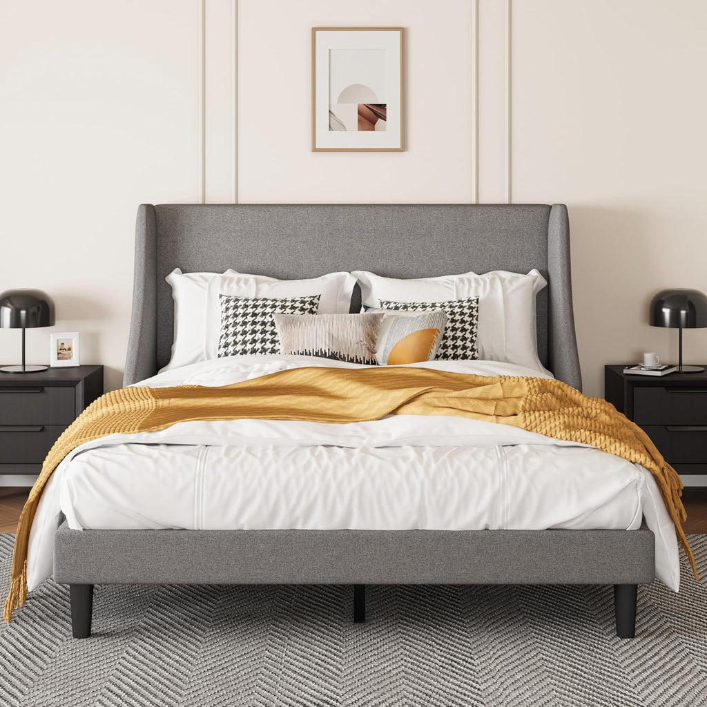 SHA CERLIN Upholstered Bed Frame Full Size with Streamlined Wingback Headboard, Breathable Linen Fabric, Solid Wooden Slats, Easy Assembly, Light Grey