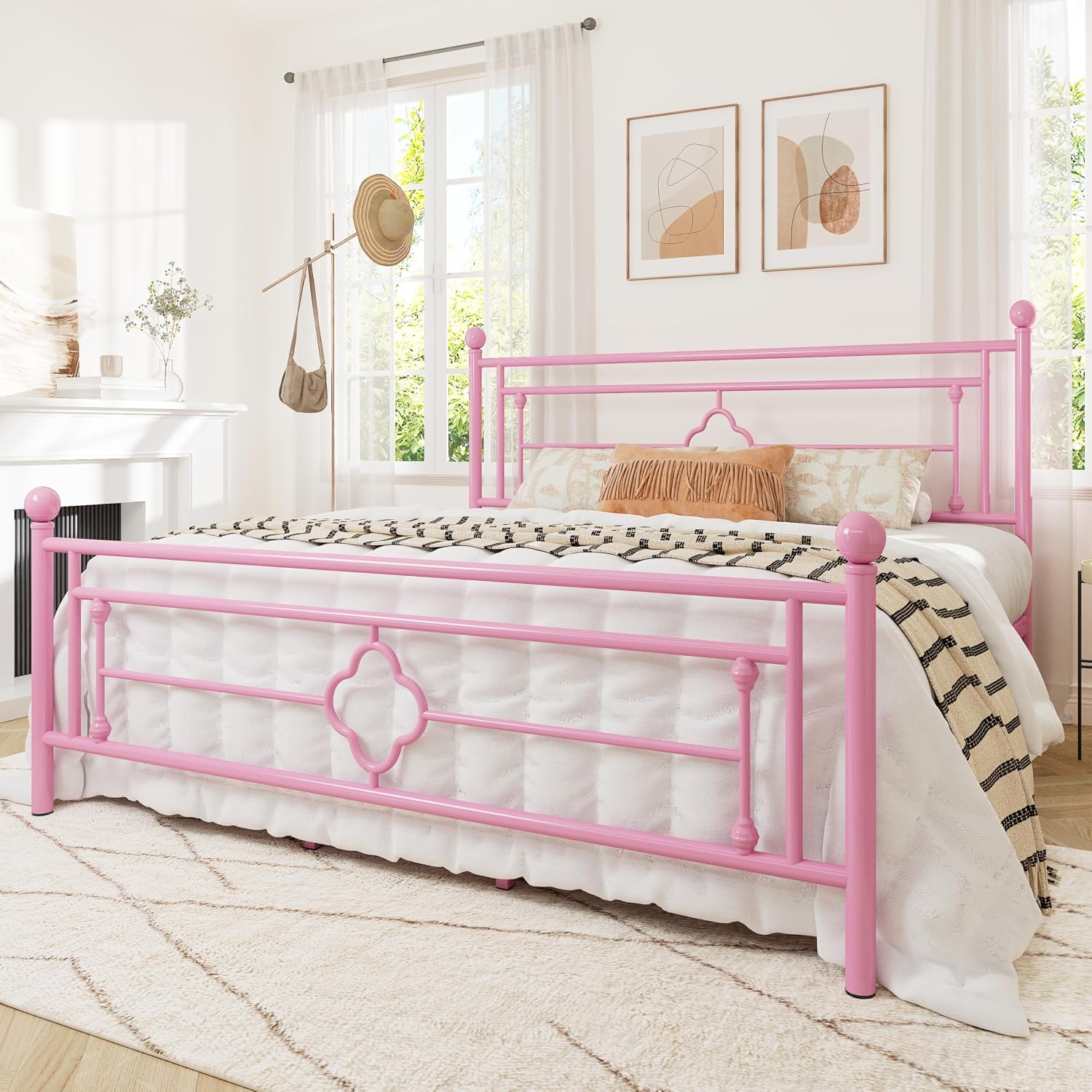 Allewie King Size Metal Platform Bed Frame with Victorian Vintage Headboard and Footboard/Mattress Foundation/Under Bed Storage/No Box Spring Needed/Noise-Free/Easy Assembly, Pink
