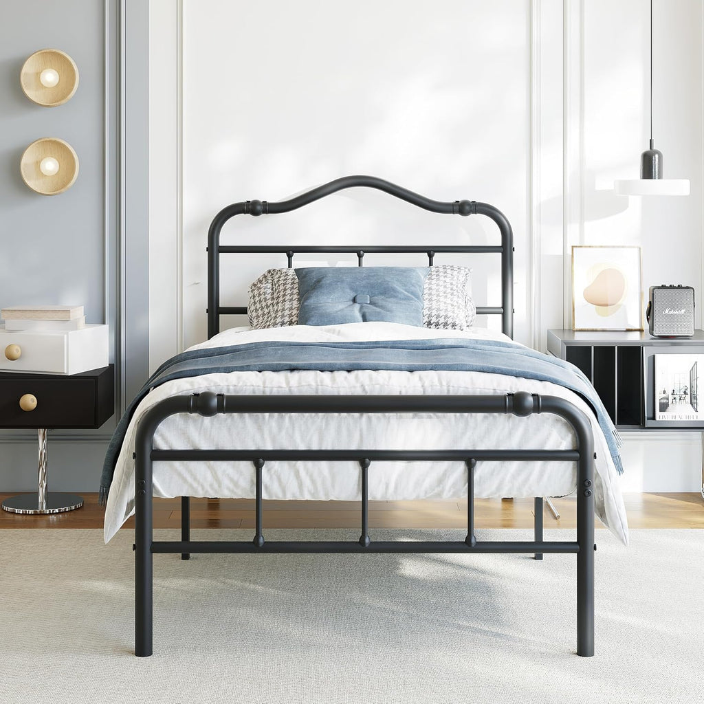BOSRII 18 Inch Twin Size Metal Bed Frame with Headboard and Footboard Heavy Duty Platform Bed Vintage Iron Wrought Frames Steel Slats, Easy Assembly, No Box Spring Needed, Noise Free, Black