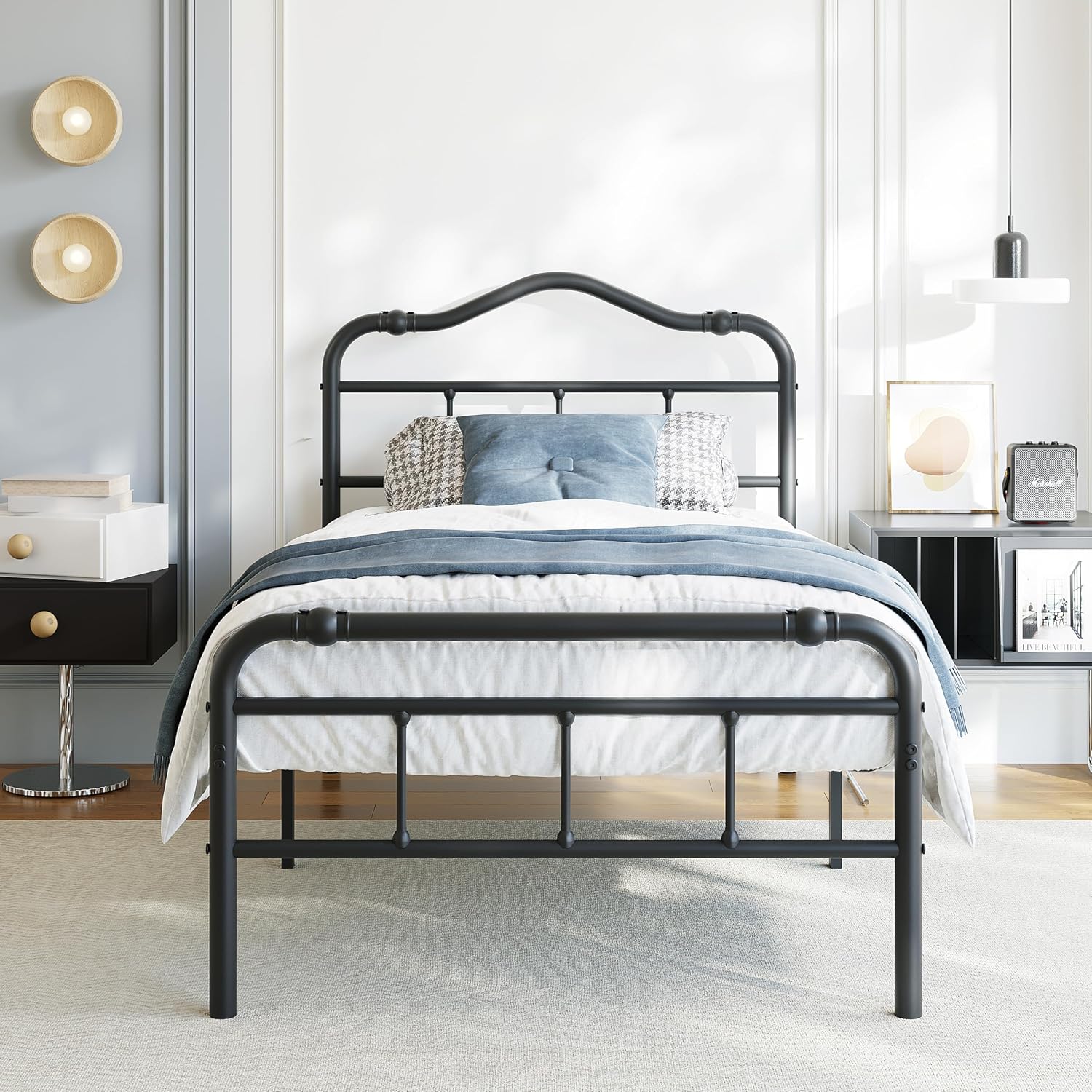 BOSRII 18 Inch Twin Size Metal Bed Frame with Headboard and Footboard Heavy Duty Platform Bed Vintage Iron Wrought Frames Steel Slats, Easy Assembly, No Box Spring Needed, Noise Free, Black