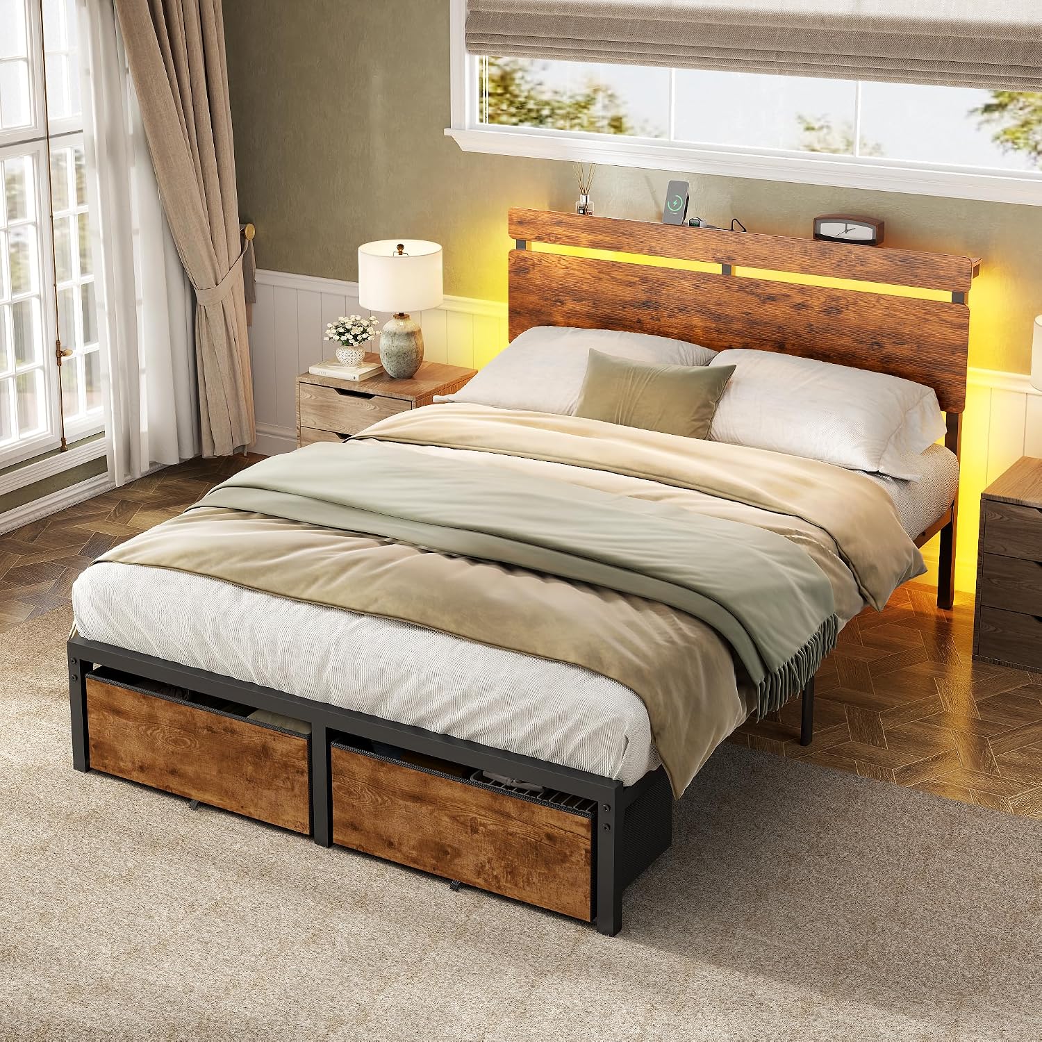 Forestell Full Size Bed Frame with Wood Headboard, Metal Platform Bed with 2 Storage Drawers & Shelf, Built in Charging Station & LED Lights, No Box Spring Needed, Vintage Brown, Camas Full