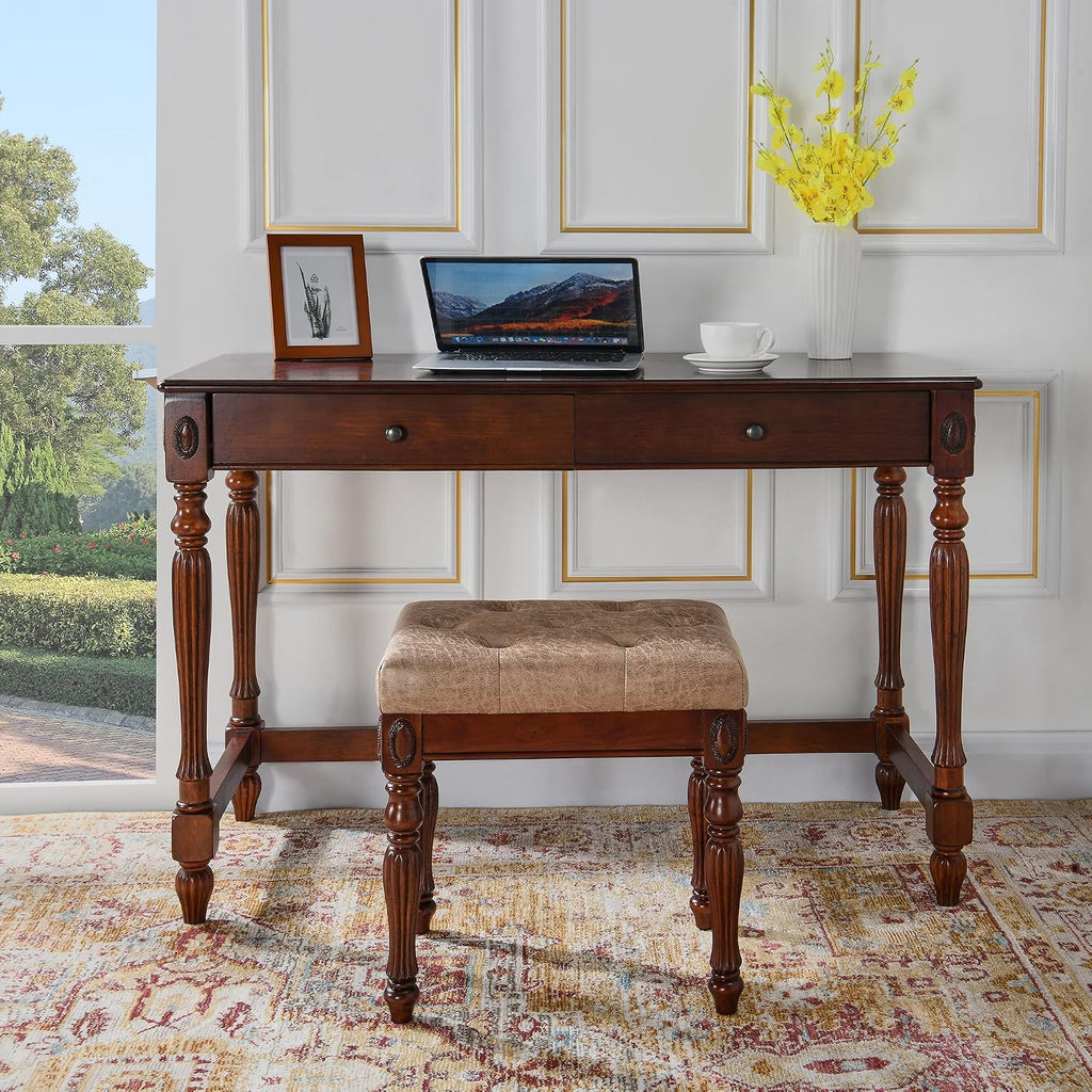 LEEMTORIG Vanity Stool Bench Ottoman Stool, Traditional Victorian Style Piano Bench Chair, Upholstered Button Tufted Solid Wood Short Bench, 14.2' Dx18.5 Wx19.1 H, Yellowish Brown Fabric, FD-1533-LT